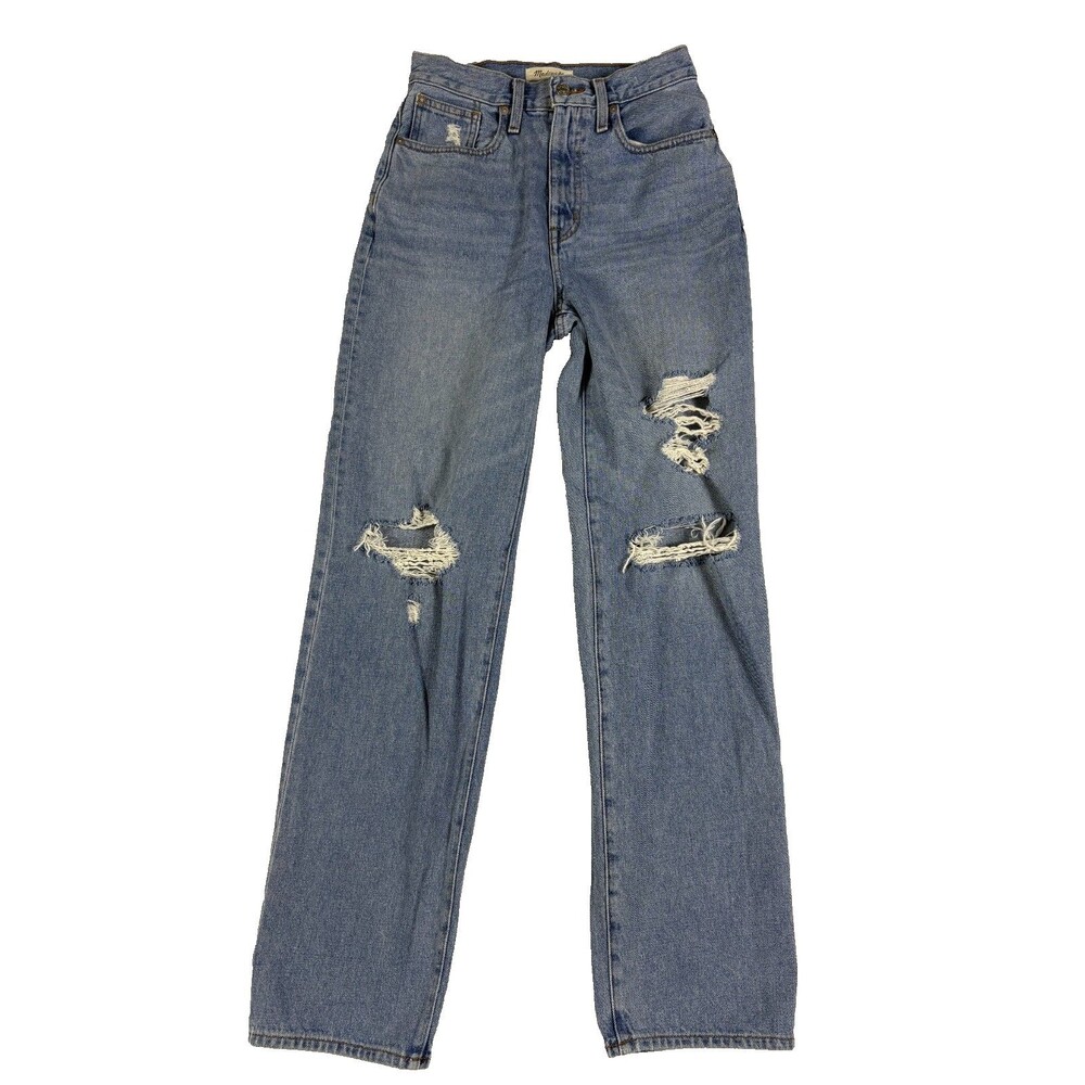Madewell Baggy Straight Jeans Women 25 High Rise Distressed Ripped Blue Denim